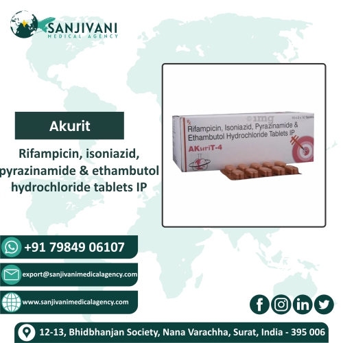 Product introduction Akurit 4 Tablet is a combination medicine used in the treatment of tuberculosis. It prevents the growth of the microorganisms that cause the infection.  Akurit 4 Tablet is a prescription medicine and it is to be taken it as suggested by the doctor. It should be taken in an empty stomach and take it at a fixed time to ensure better efficacy. Do not consume more than the recommended dose, as this may have harmful effects on your body. If you miss a dose, take it as soon as you remember. The course of the treatment must be completed even if you feel better. Sudden discontinuation of the treatment may affect the potency of the medicine. The medicine may take some to show its effects on the symptoms. However, it is advised to consult the doctor if you feel an aggravation of the condition or if your condition does not improve.  Some common side effects of this medicine are nausea, vomiting, fever, dark-colored urine, sweating, increased saliva, etc. To cope up with the side effects, you should drink plenty of water. If any of the side effects get aggravated, you must consult your doctor immediately. Generally, serious side effects are rare. If you experience any allergic reaction (rashes, itching, swelling, shortness of breath, etc.), you must seek immediate medical help.  Before taking this medicine, you should tell your doctor if you are taking any medicines for any health condition. Patients with liver and kidney ailments must take this medicine with proper consultation and caution. Pregnant or breastfeeding women should also consult with the doctor before taking it. Avoid drinking alcohol as it can cause excessive drowsiness with this medicine. It usually does not impair your ability to drive, but you should not drive if it makes you feel sleepy or dizzy. During the treatment, you must take adequate rest and eat a healthy diet for a faster recovery. While on the medication, your doctor may ask for a few laboratory and diagnostic tests to know the effects of the medicine on your body. Product introduction Akurit 4 Tablet is a combination medicine used in the treatment of tuberculosis. It prevents the growth of the microorganisms that cause the infection. Akurit 4 Tablet is a prescription medicine and it is to be taken it as suggested by the doctor. It should be taken in an empty stomach and take it at a fixed time to ensure better efficacy. Do not consume more than the recommended dose, as this may have harmful effects on your body. If you miss a dose, take it as soon as you remember. The course of the treatment must be completed even if you feel better. Sudden discontinuation of the treatment may affect the potency of the medicine. The medicine may take some to show its effects on the symptoms. However, it is advised to consult the doctor if you feel an aggravation of the condition or if your condition does not improve. Some common side effects of this medicine are nausea, vomiting, fever, dark-colored urine, sweating, increased saliva, etc. To cope up with the side effects, you should drink plenty of water. If any of the side effects get aggravated, you must consult your doctor immediately. Generally, serious side effects are rare. If you experience any allergic reaction (rashes, itching, swelling, shortness of breath, etc.), you must seek immediate medical help. Before taking this medicine, you should tell your doctor if you are taking any medicines for any health condition. Patients with liver and kidney ailments must take this medicine with proper consultation and caution. Pregnant or breastfeeding women should also consult with the doctor before taking it. Avoid drinking alcohol as it can cause excessive drowsiness with this medicine. It usually does not impair your ability to drive, but you should not drive if it makes you feel sleepy or dizzy. During the treatment, you must take adequate rest and eat a healthy diet for a faster recovery. While on the medication, your doctor may ask for a few laboratory and diagnostic tests to know the effects of the medicine on your body.